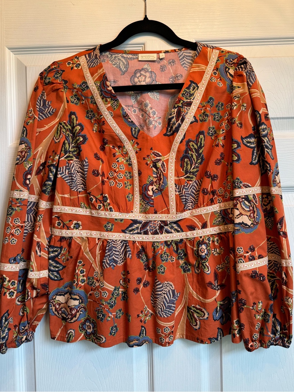 Spartina 449 Rust Floral V-Neck Peasant Blouse